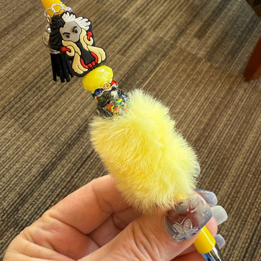 Yellow Fluffy Pen with Disney Character Charm